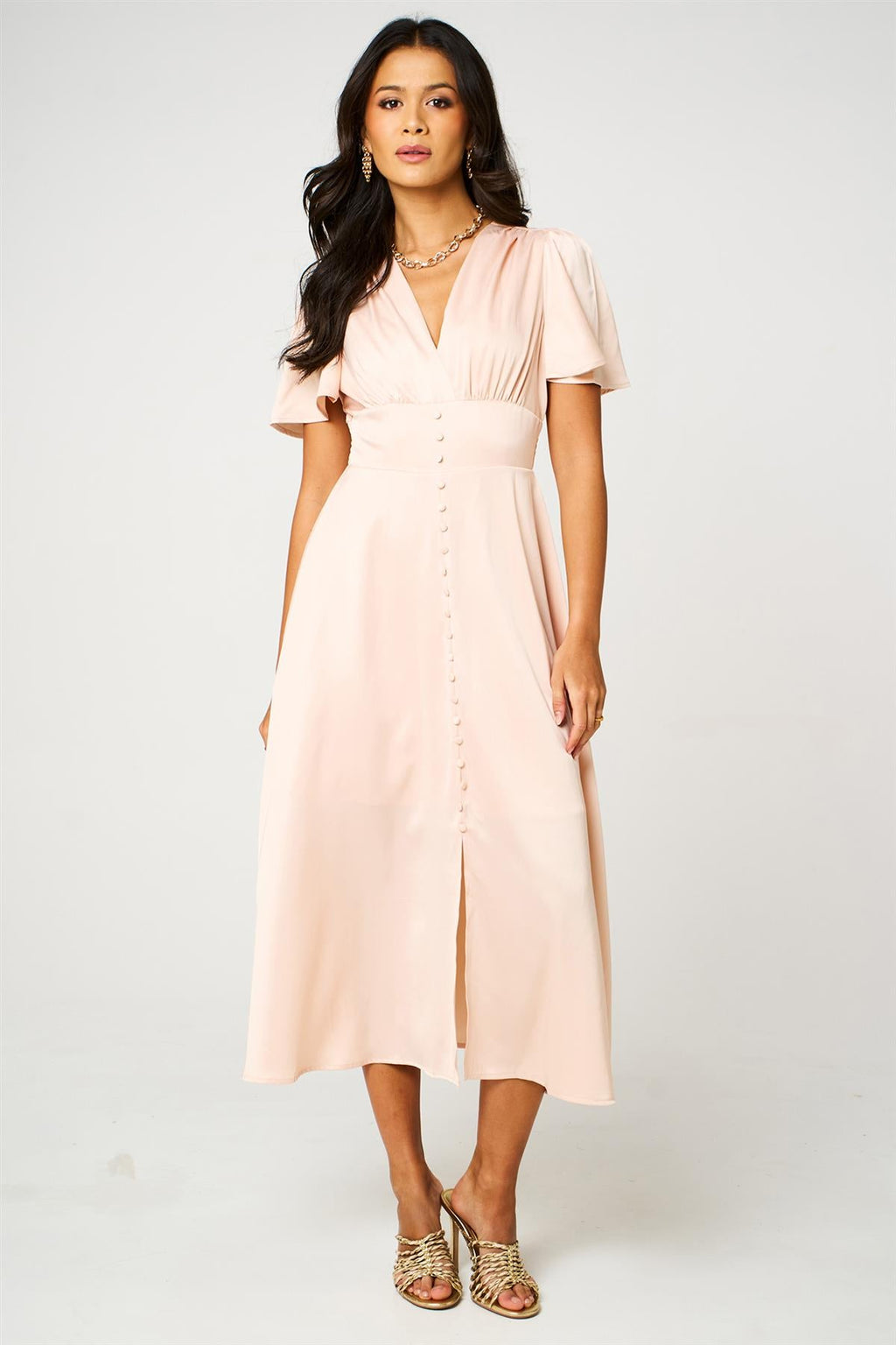 Satin V neckline Button Detail Dress In Blush