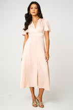 Satin V neckline Button Detail Dress In Blush