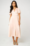 Satin V neckline Button Detail Dress In Blush