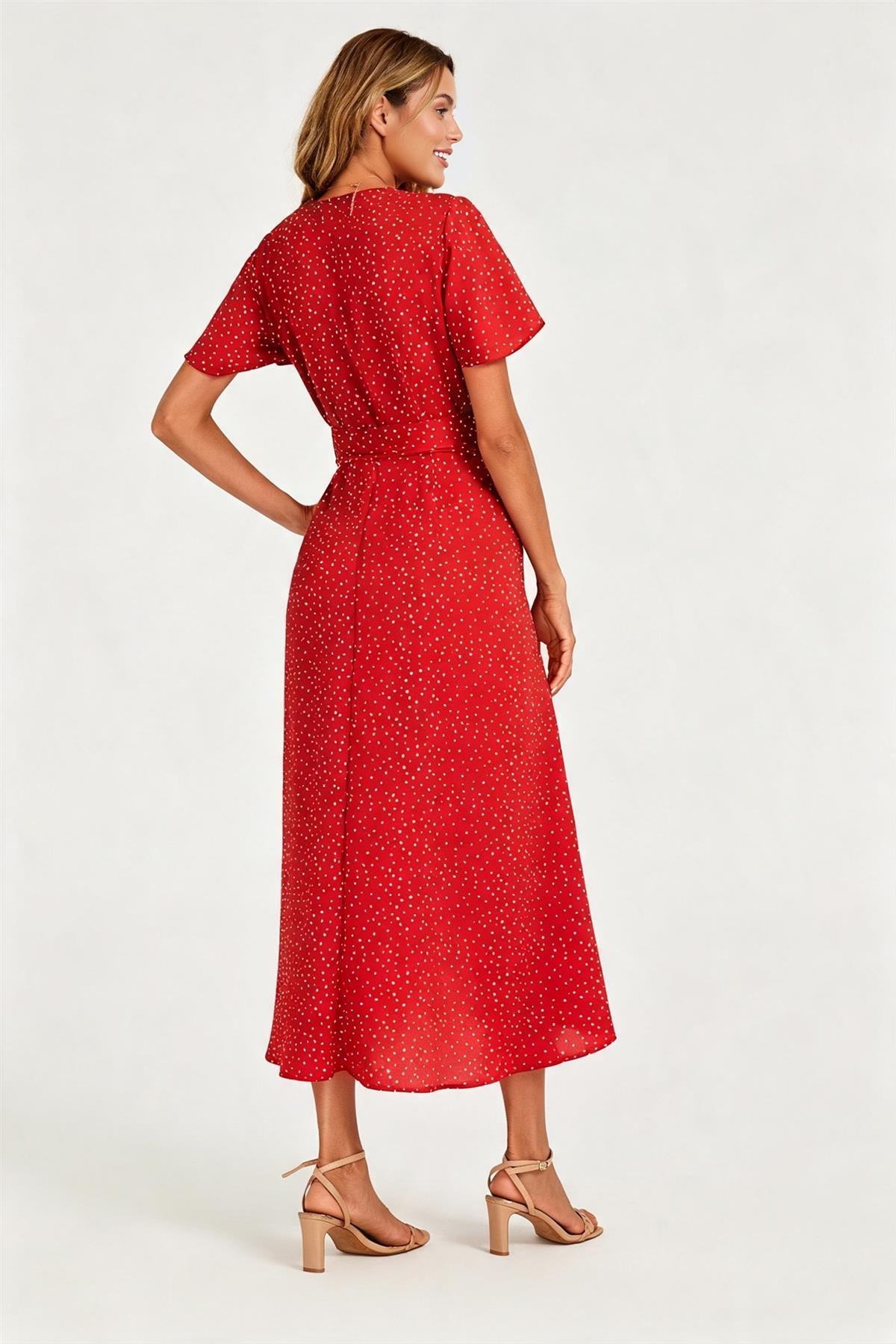 Polka Dot Print Wrap Dress In Red
