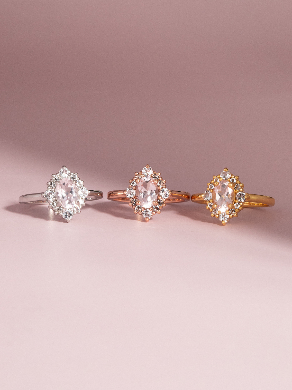 Bague auréole en morganite rose en vermeil rose 18 carats