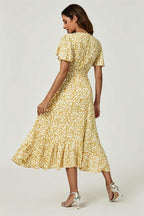 Floral Print Midi Wrap Dress In Yellow
