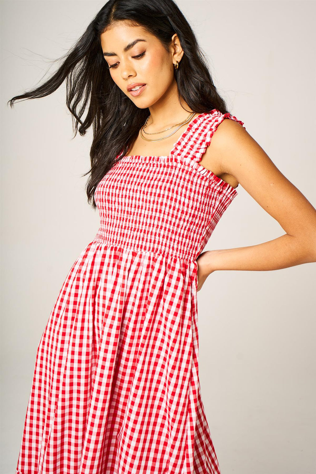 Check Print Hem Detail Maxi Dress In Red