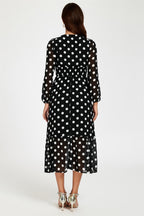 Dot Print Lace Trim Long Sleeve Maxi Dress In Black