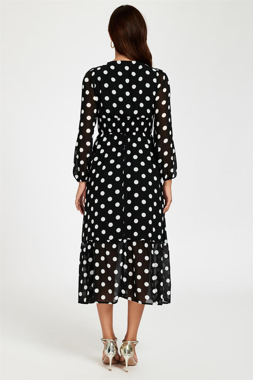Robe longue noire à manches longues, imprimé pois et dentelle