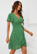 Floral Print Mini Wrap Dress In Green