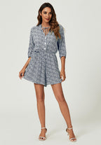 Daisy Floral Print Boho Playsuit With Buttons In Navy