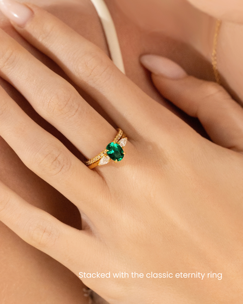 Emerald Oval Cut Three Stone Engagement Ring in 18k Gold Vermeil