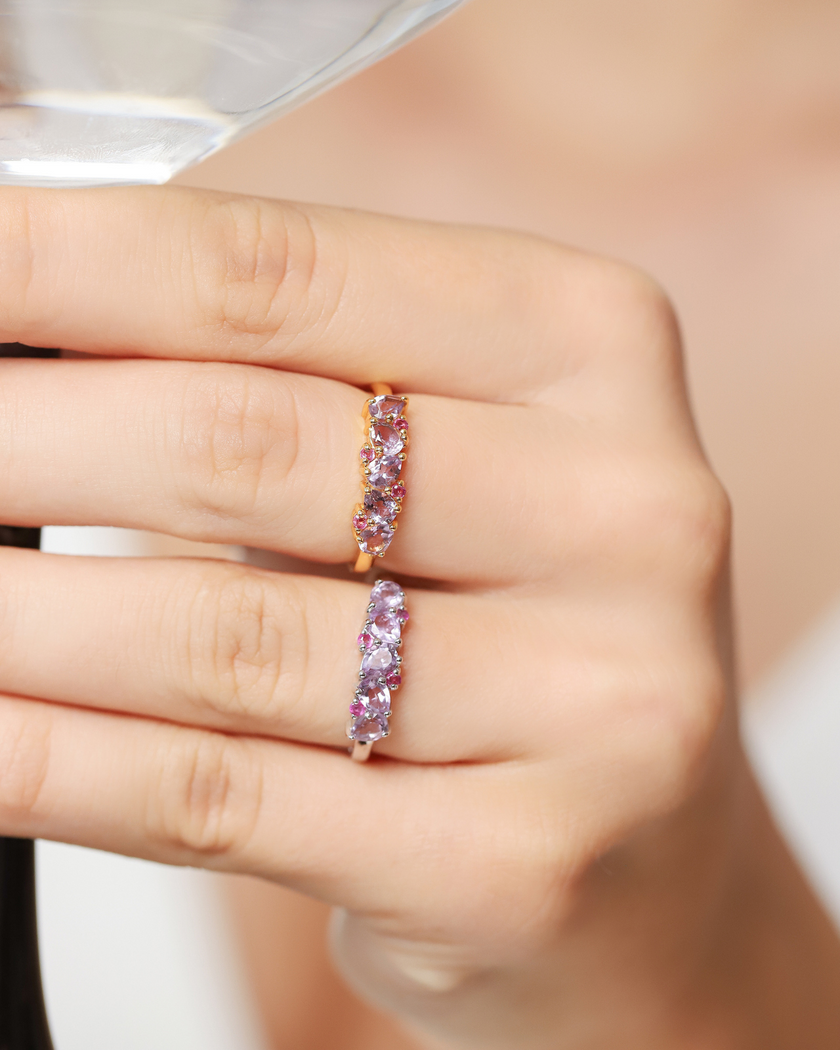 Pink Ruby & Amethyst Pear Cut Half Eternity Band in 18k Gold Vermeil