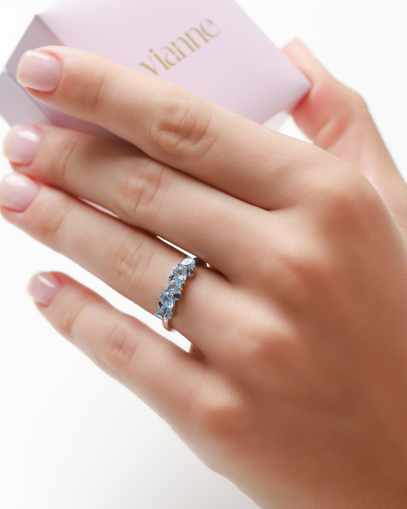 Blue Sapphire & Blue Topaz Pear Cut Half Eternity Band in Sterling Silver