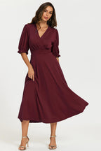 Half Sleeves Jersey Midi Dress with Wrap Neckline In Wine