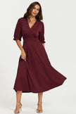 Half Sleeves Jersey Midi Dress with Wrap Neckline In Wine