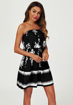 Printed Broderie Strapless Mini Dress In Black