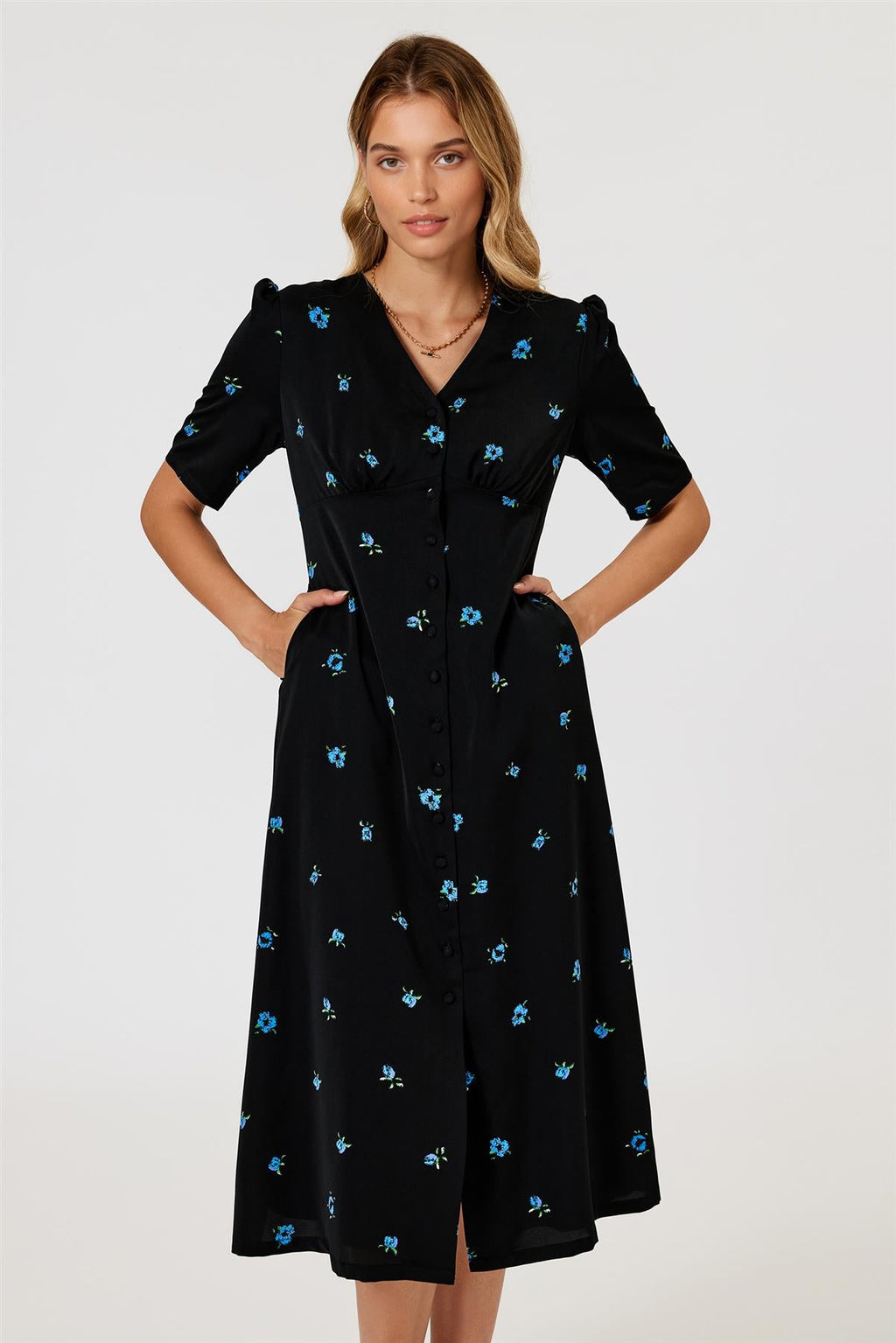 Blue Floral Print Button Front Midi Dress In Black