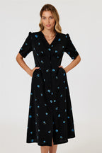 Blue Floral Print Button Front Midi Dress In Black