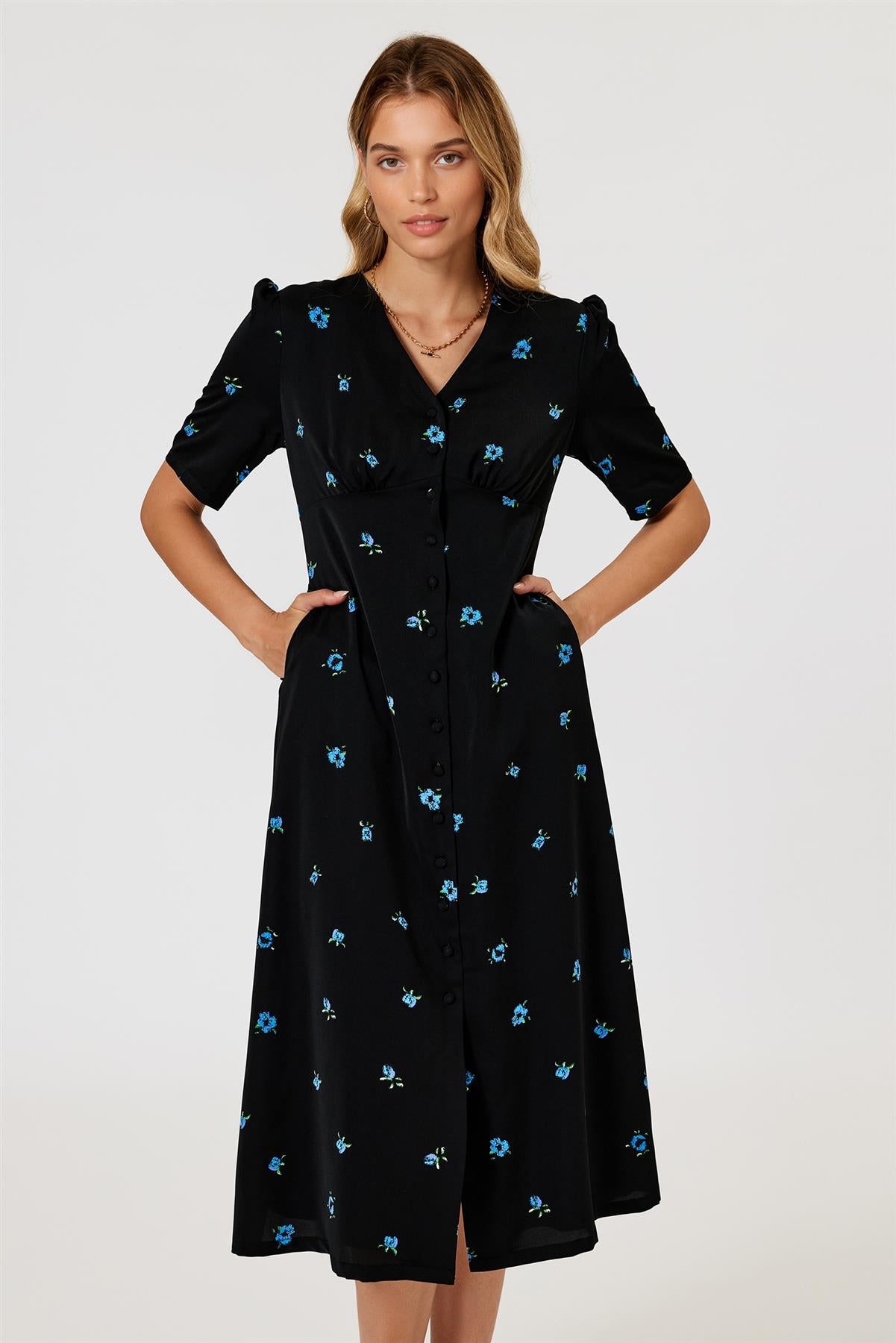 Blue Floral Print Button Front Midi Dress In Black