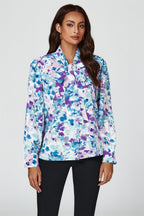 Abstract Floral Print Tie Detail long sleeve Blouse Top In Blue