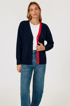 Little Heart Embroidery Stripe Trim Cardigan Top In Navy & Red