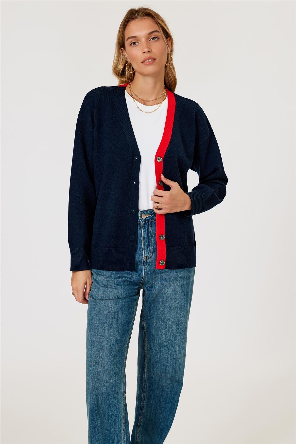Little Heart Embroidery Stripe Trim Cardigan Top In Navy & Red