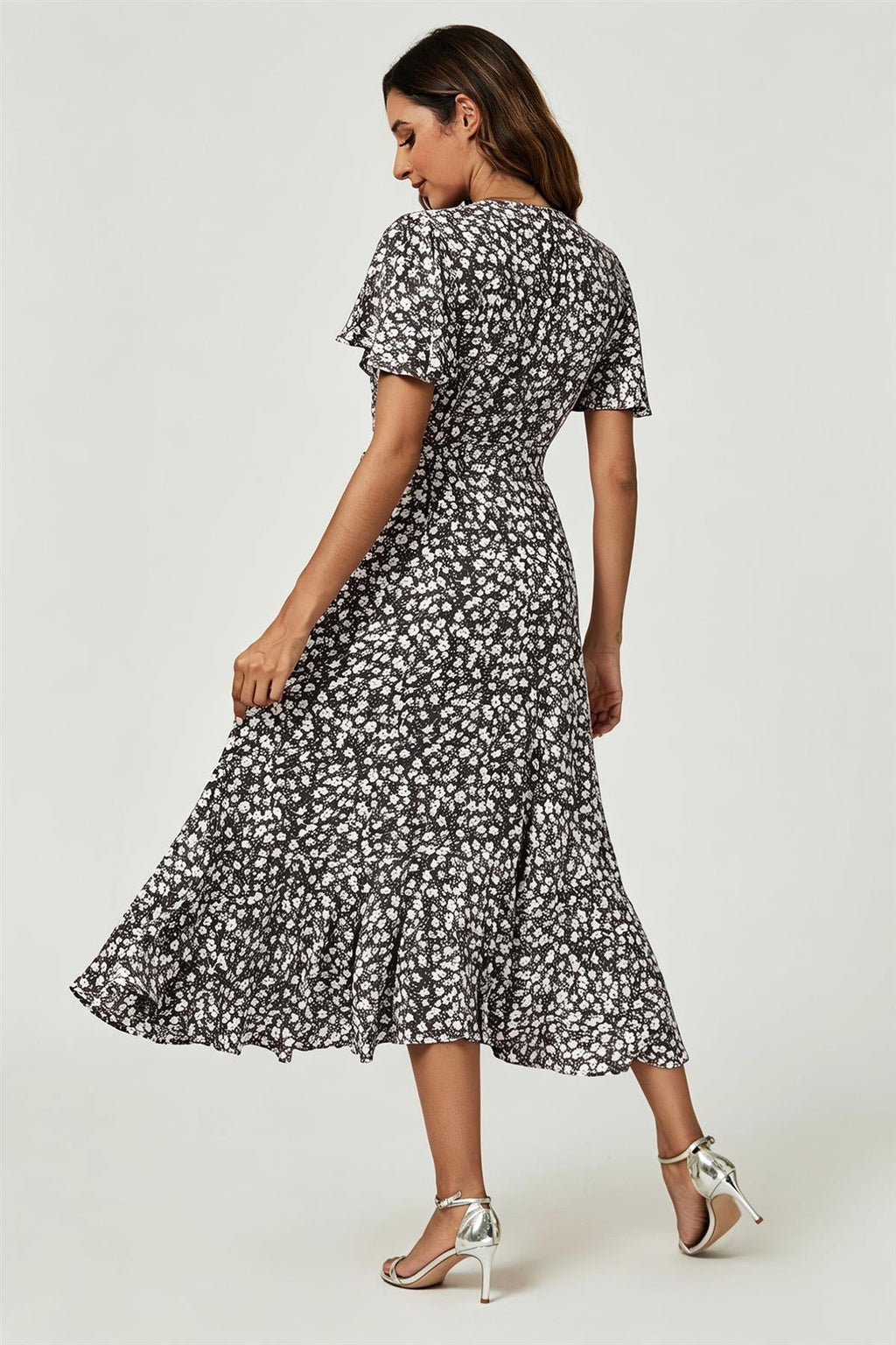 Floral Print Midi Wrap Dress In Black