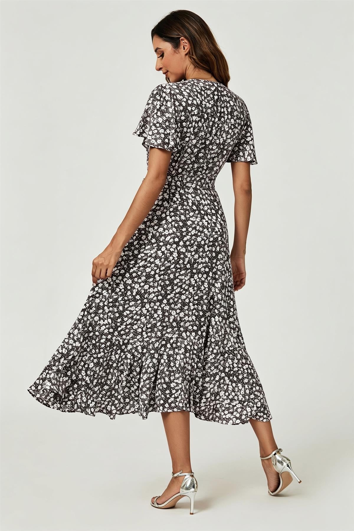Floral Print Midi Wrap Dress In Black
