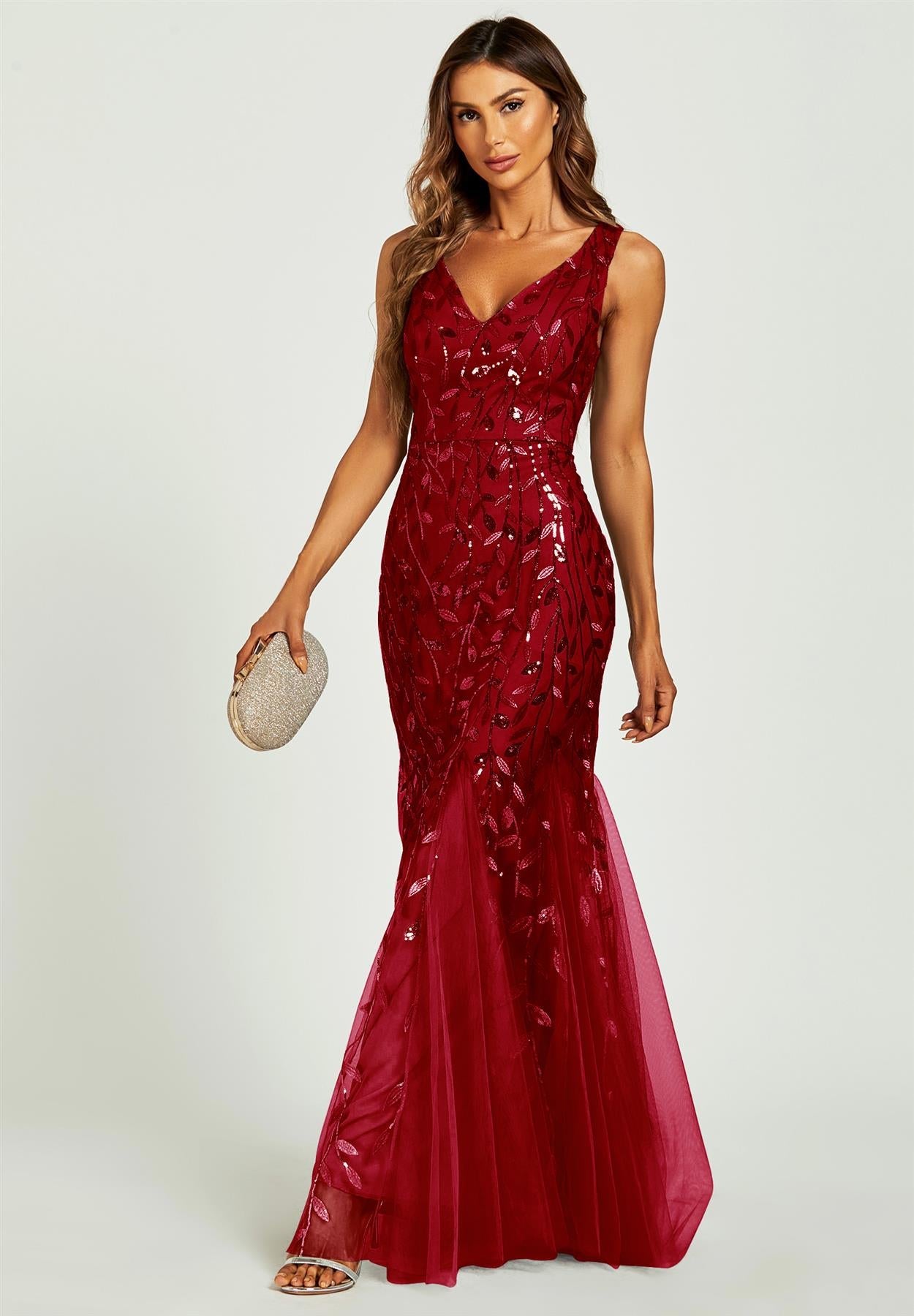Sequin Leaf Detailed V Neck Bridesmaid Maxi Dress In Wine
