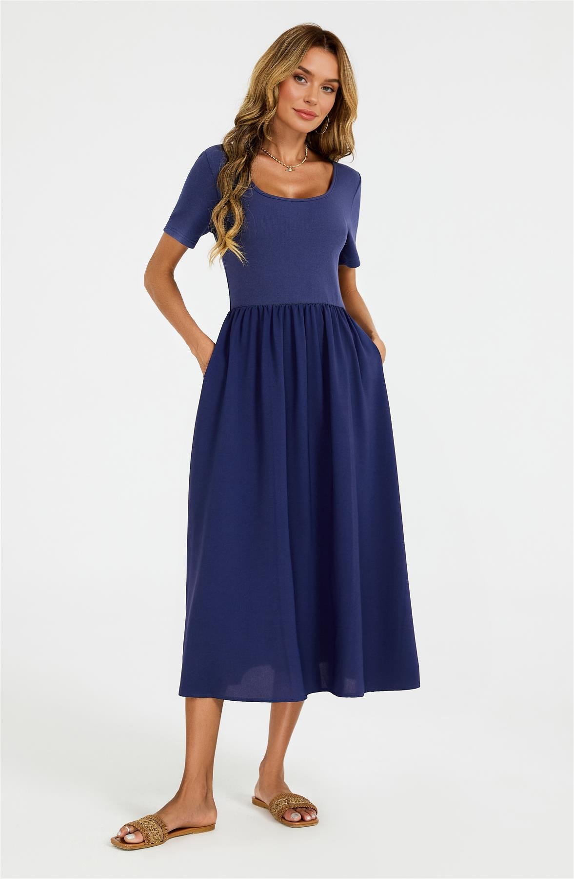Short Sleeve Jersey Bodice Midi Dress with Pockets In Navy