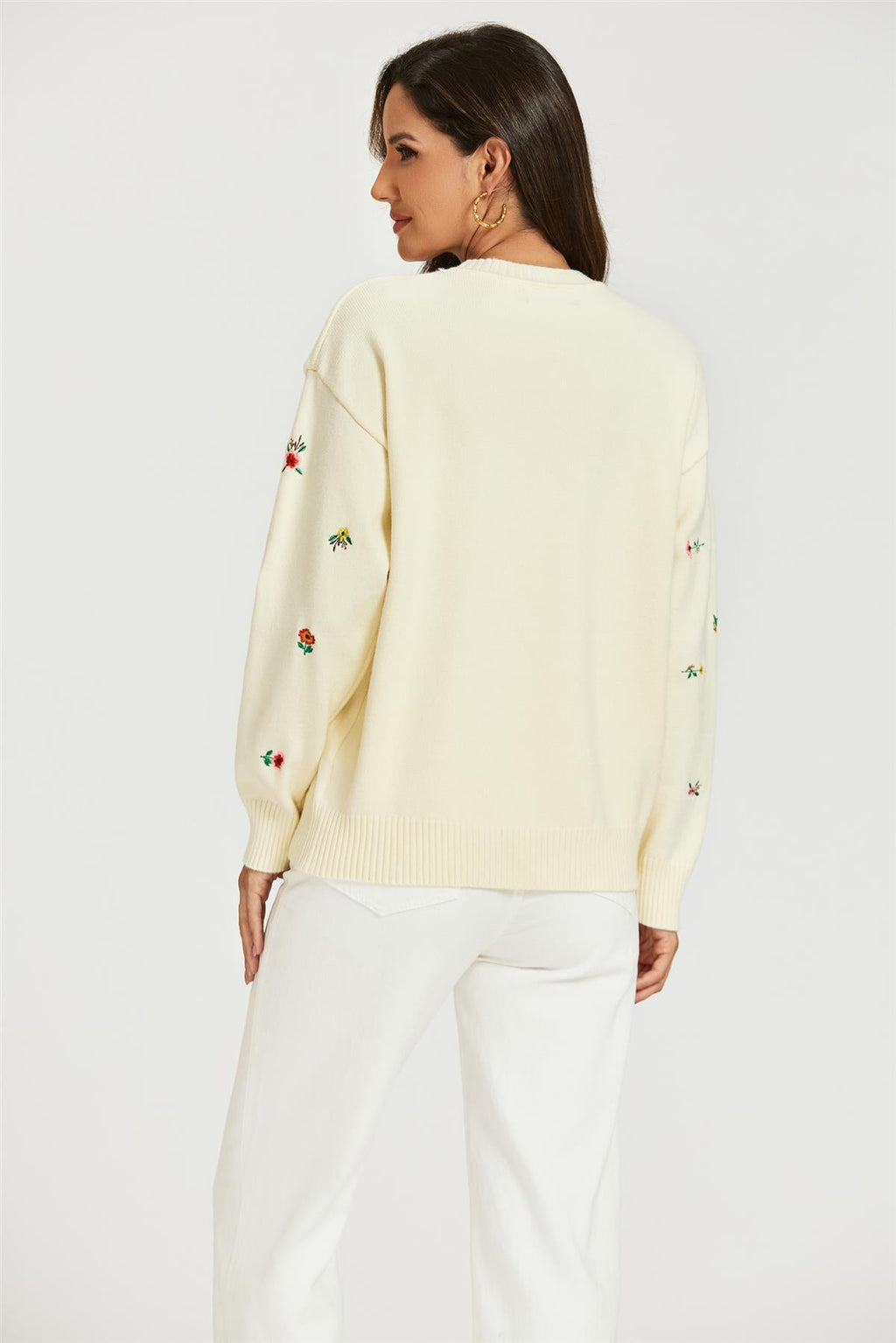Embroidered Floral Knit Jumper Top In Cream
