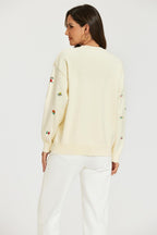 Embroidered Floral Knit Jumper Top In Cream