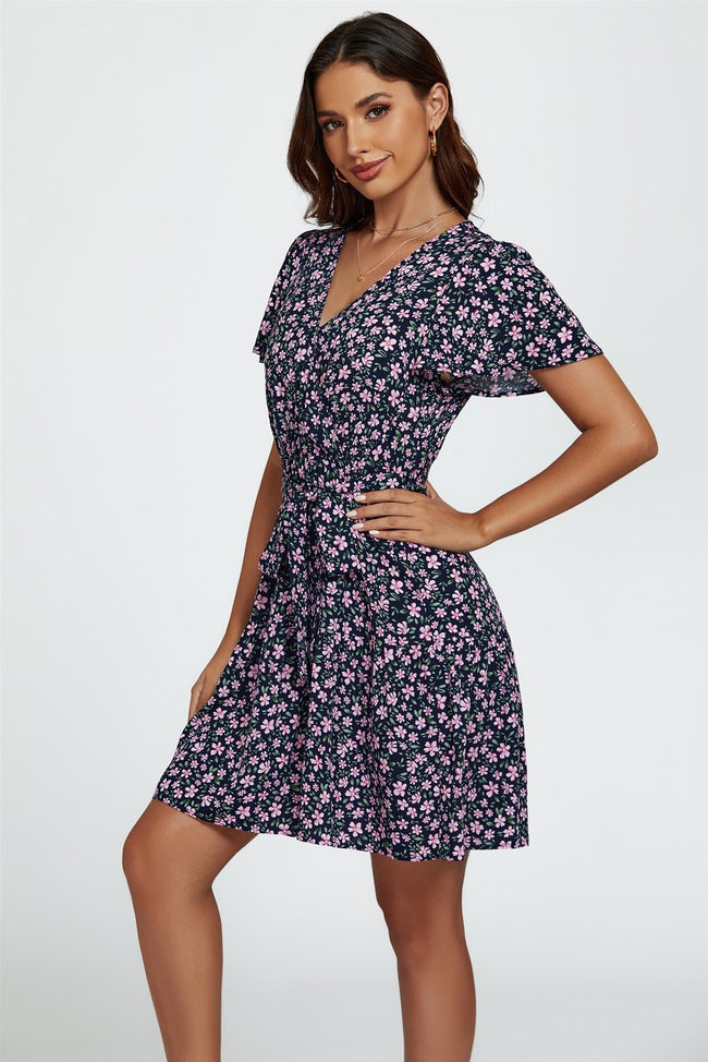 Mini-robe portefeuille étagée à imprimé floral et ourlet, bleu marine