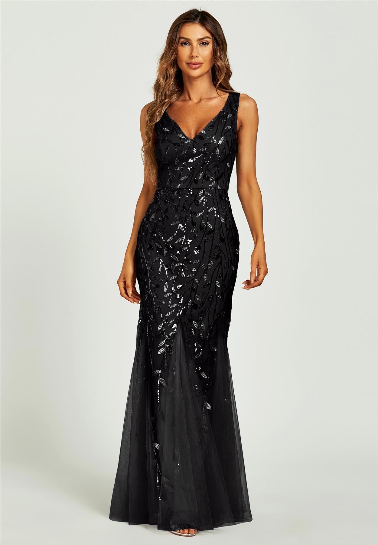 Sequin Leaf Detailed V Neck Bridesmaid Maxi Dress In Black