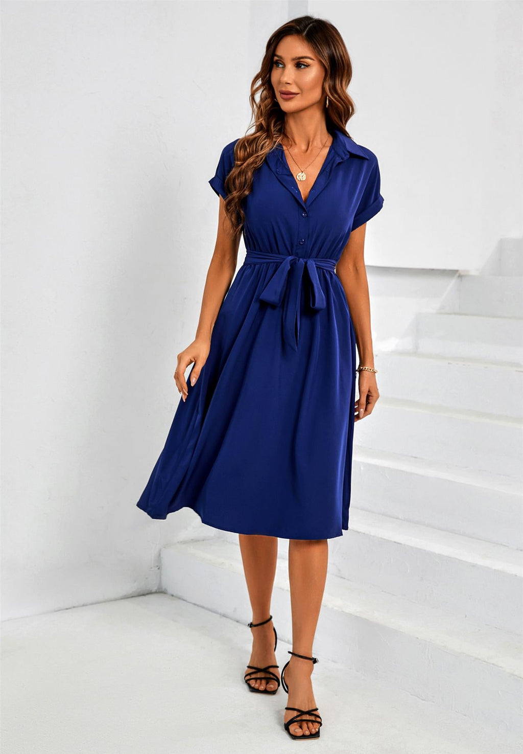 Short Sleeve Shirt Midi Dress In Navy
