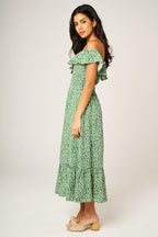 Little Floral Print Hem Frill Detail Bardot Midi Dress In Green