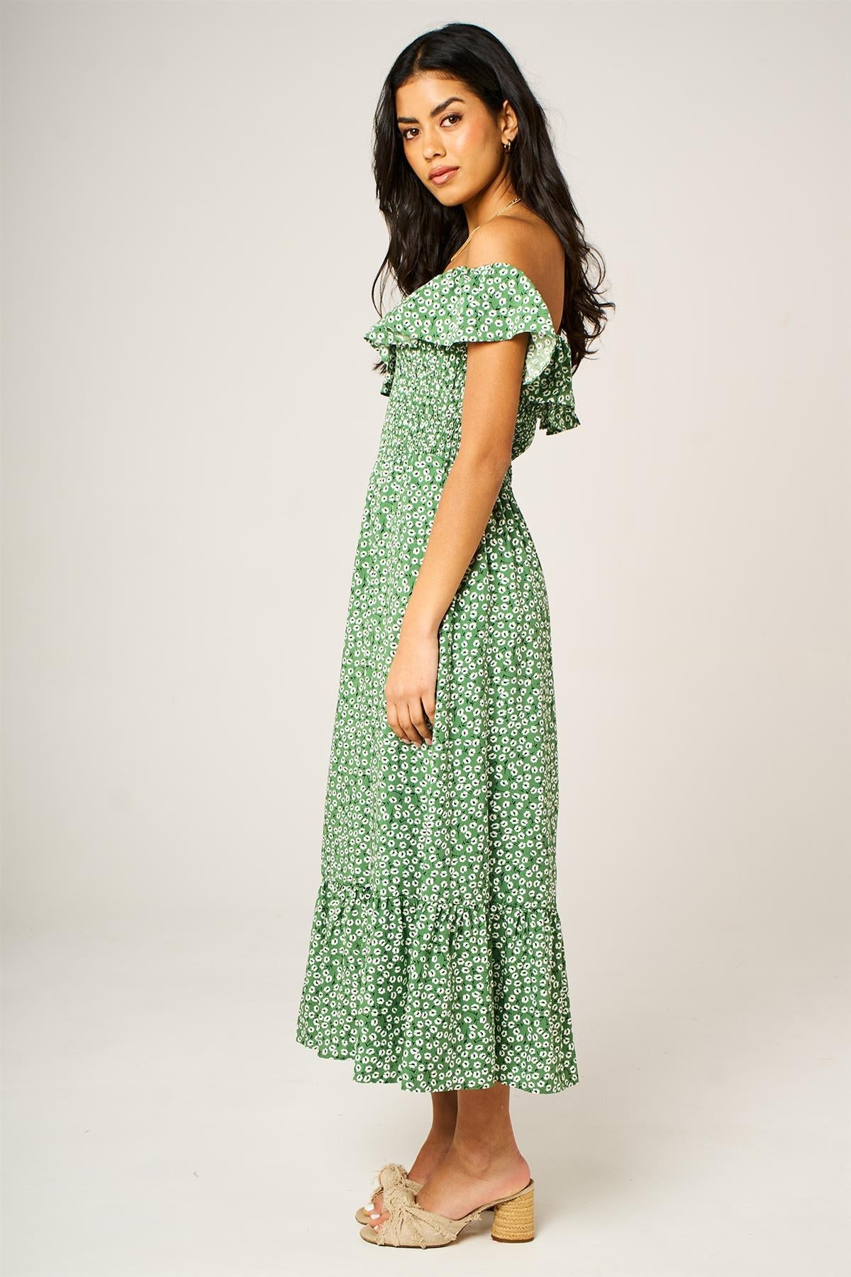 Little Floral Print Hem Frill Detail Bardot Midi Dress In Green