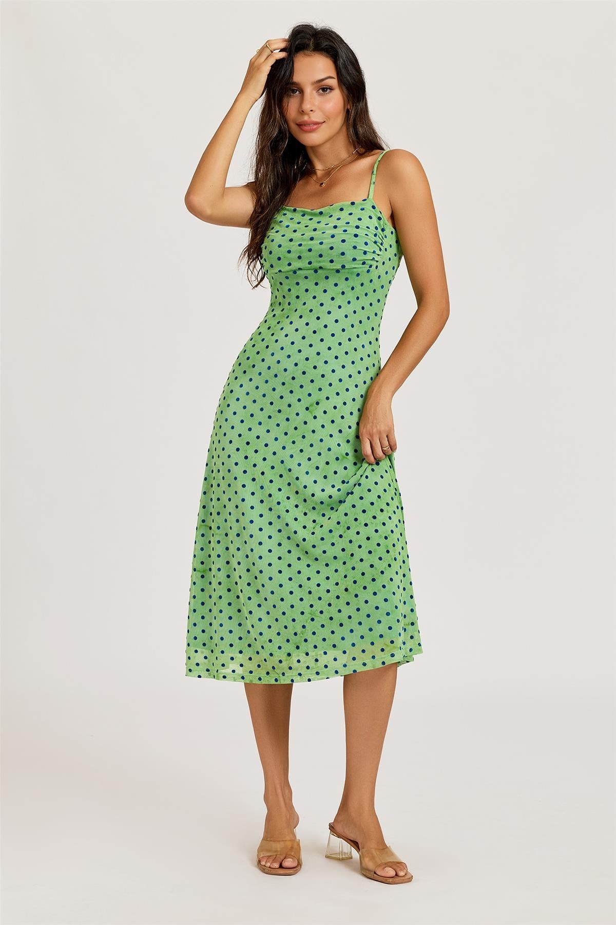 Mottled Effect Devore Polka Dot Mesh Cami Midi Dress In Green