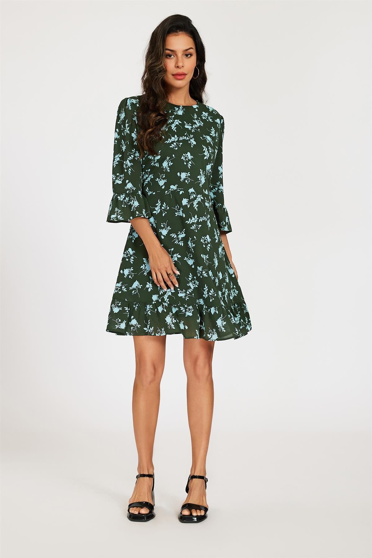 Floral Print Frill Detail Mini Dress In Green