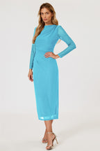 Long Sleeves Mesh Midi Dress In Aqua