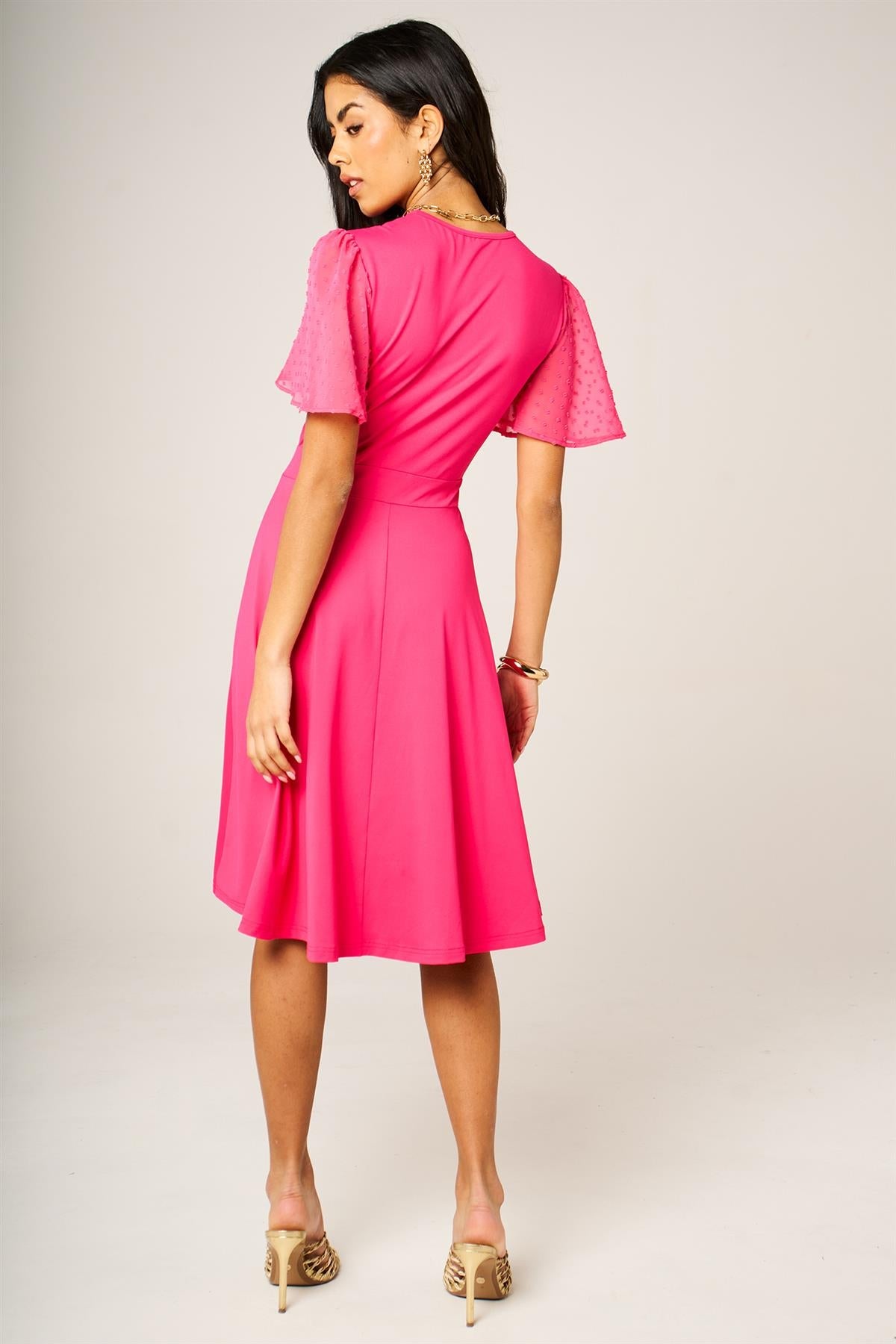 Angel Sleeve Pleated Detail Midi Dress In Hot Pink
