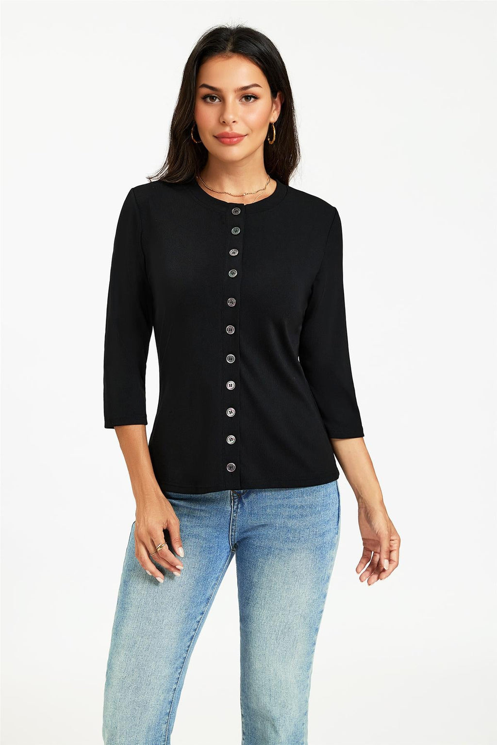 Button Through 3/4 Sleeve Jersey Cardigan Top Black