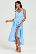 Dot Print Button Down High Low Strappy Dress In Light Blue