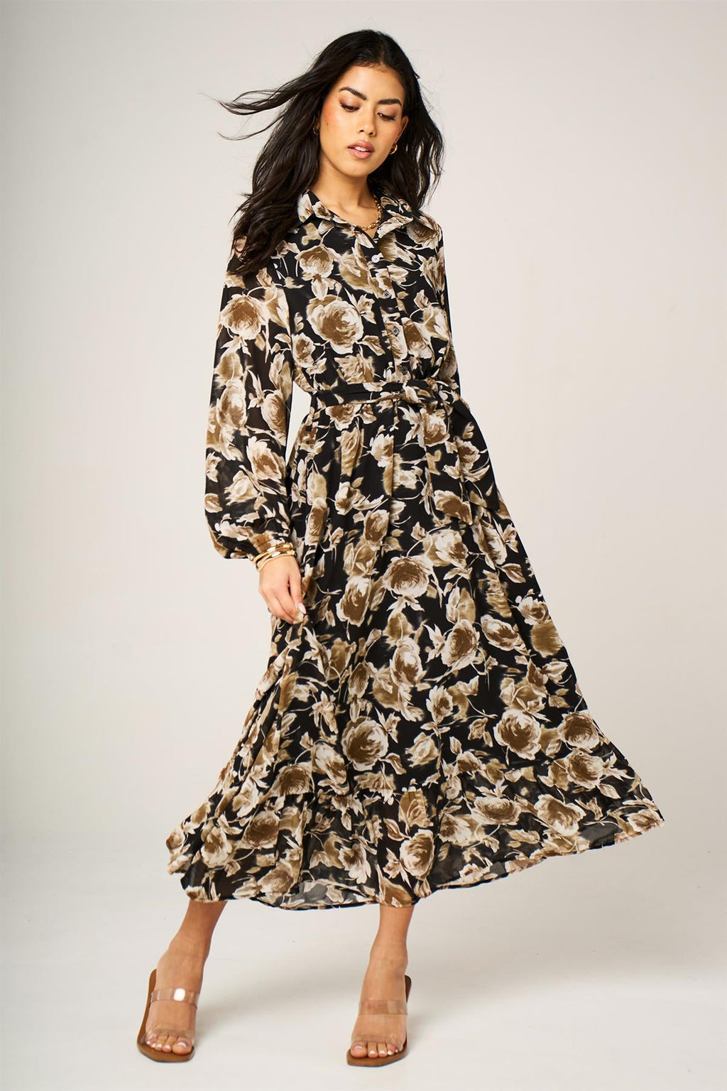 Brown Floral Print Shirt Midi Dress In Black