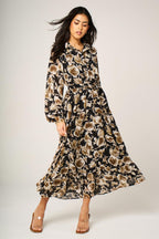 Brown Floral Print Shirt Midi Dress In Black