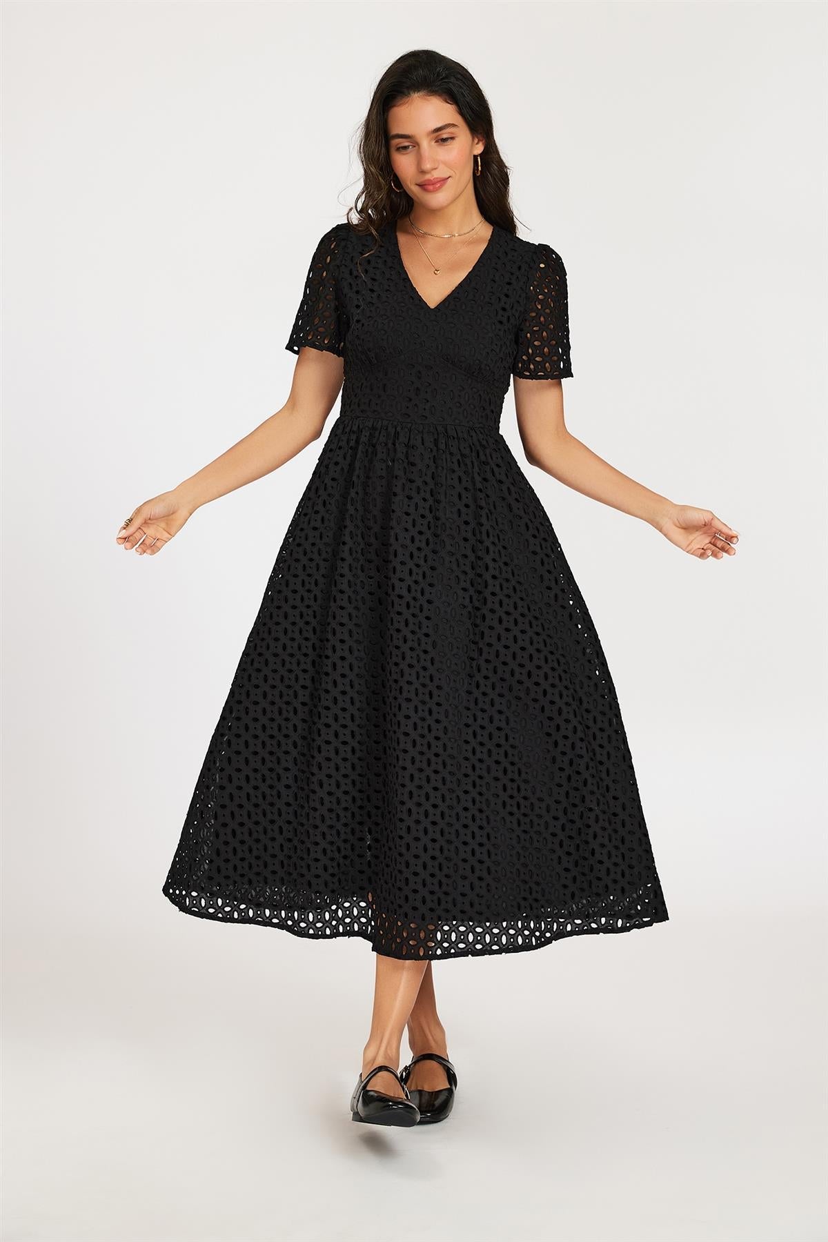 Broderie Anglaise Midi Dress In Black