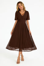 Flutter Sleeve Mesh Midi Dress In Brown