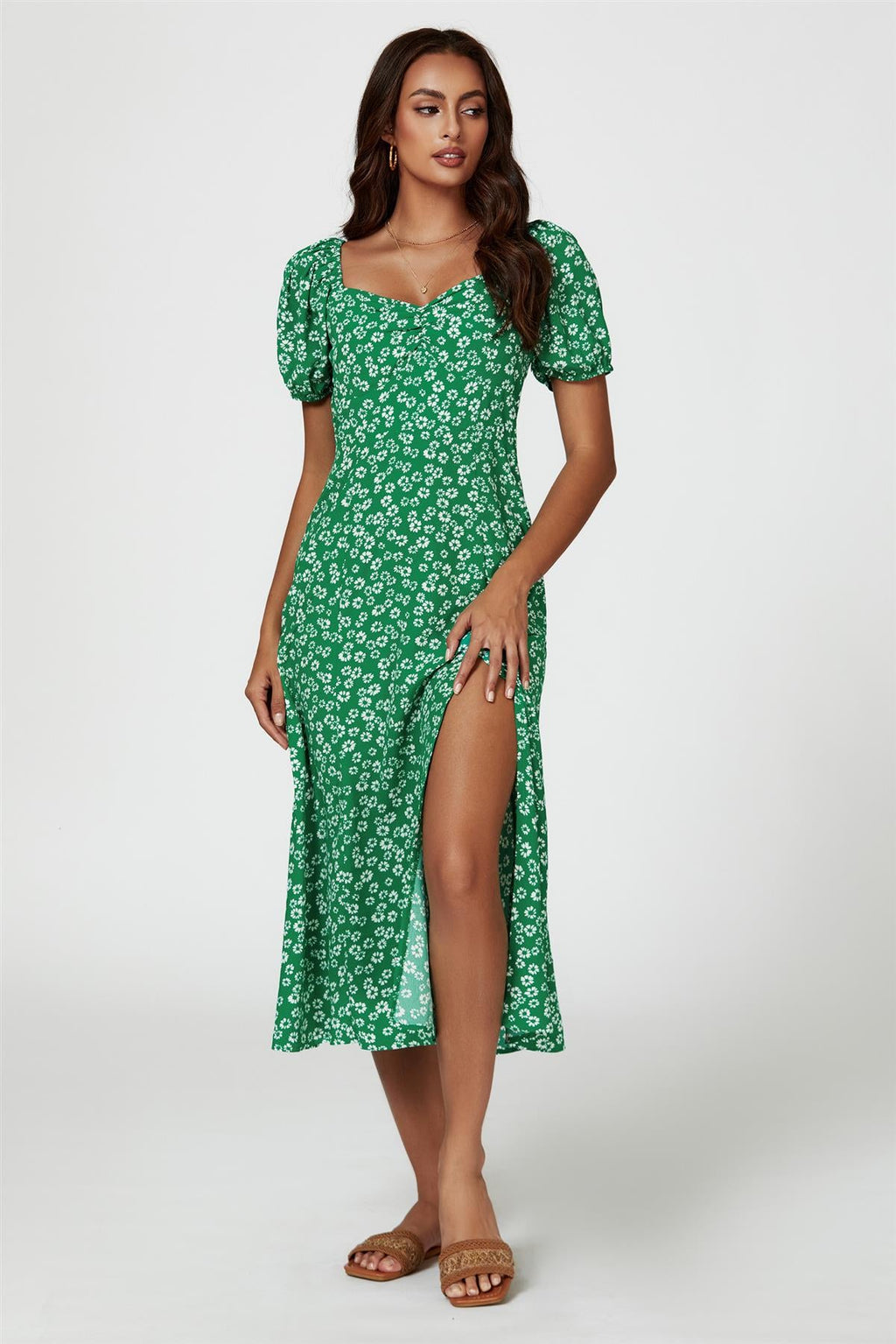 Puff Sleeve Heart Neckline Midi Dress In Green