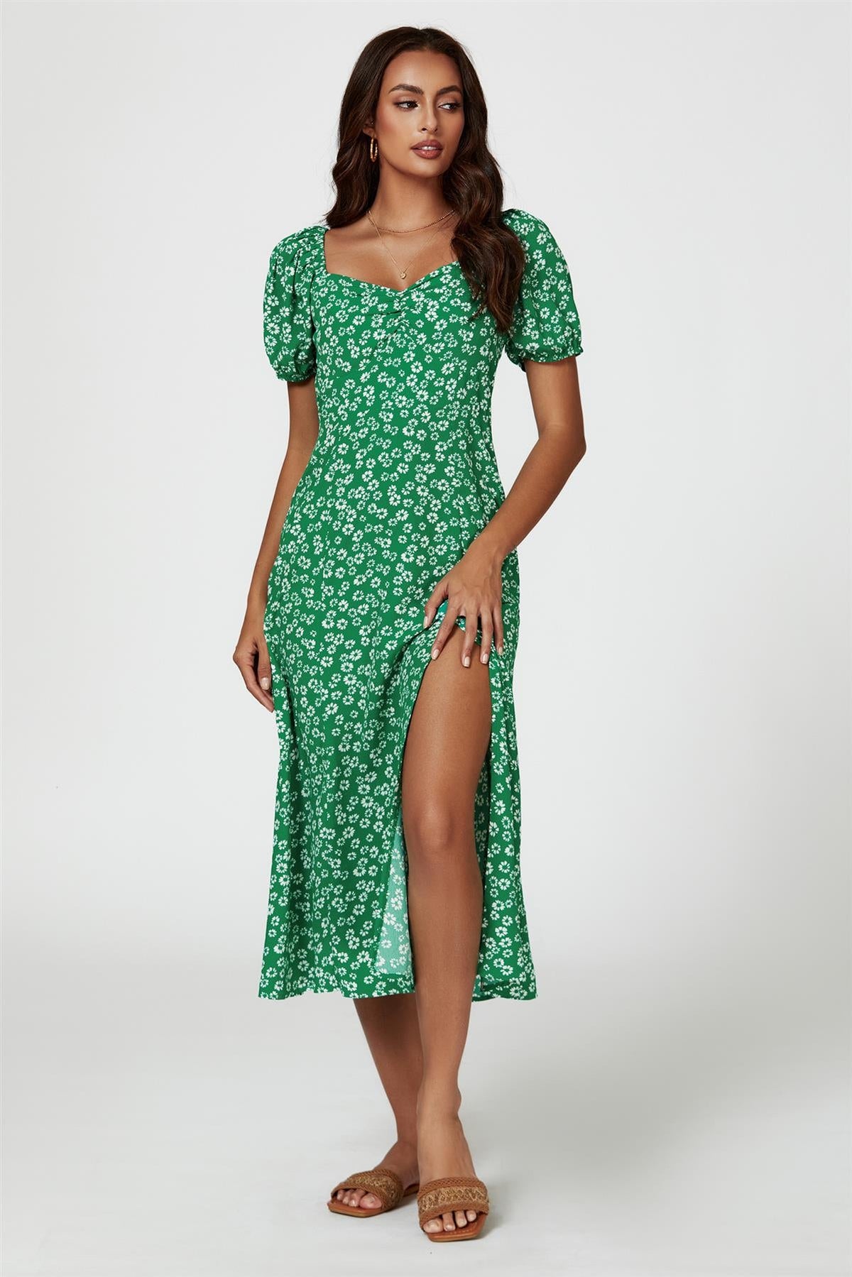 Puff Sleeve Heart Neckline Midi Dress In Green