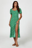 Puff Sleeve Heart Neckline Midi Dress In Green