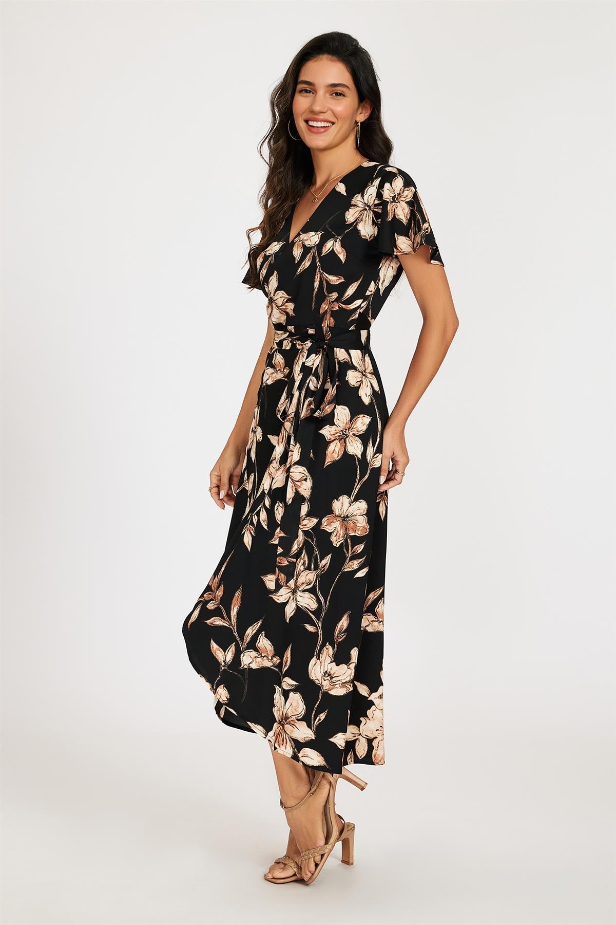 Black & Brown Floral Print Wrap Maxi Dress