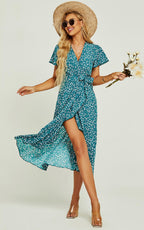 Angel Sleeve Wrap Midi Dress In Green Floral Print