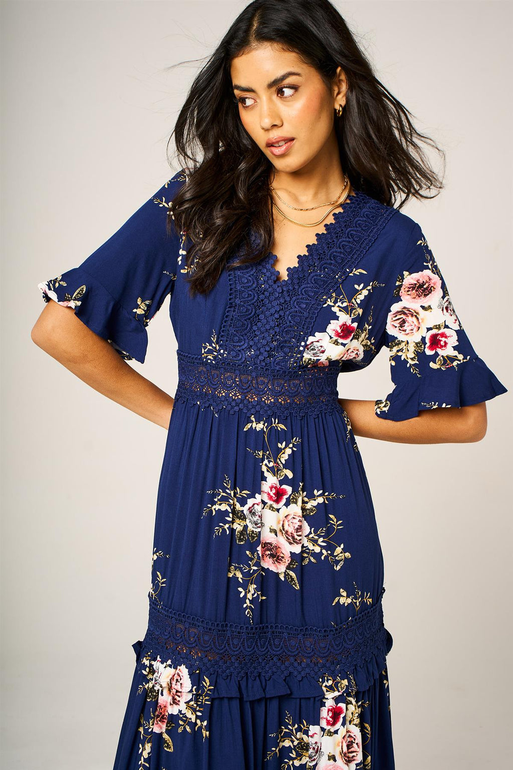 Floral Print V Neck Lace Detail Midi Dress In Navy